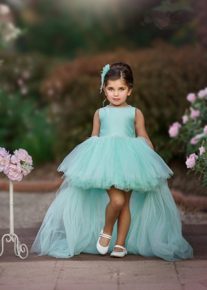 Beaded Mint Green Satin Tulle High Low Flower Girl Dress
